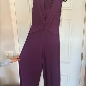London Times Sleeveless Knot-Front Wide-Leg Jumpsuit in Plum